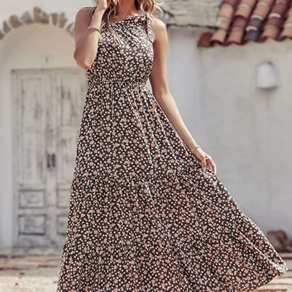 Pretty Garden | Women's Floral/Boho One-Shoulder Floral Maxi Dress